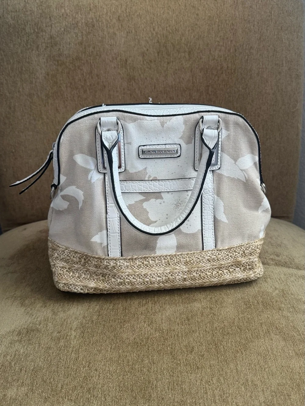 Beige Floral Canvas & Straw Tote Bag - Lightweight Everyday Handbag